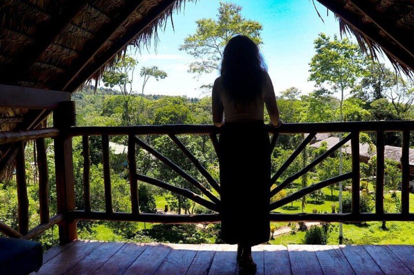 A person standing on a wooden deck with a thatched roof, overlooking a lush green landscape. 2