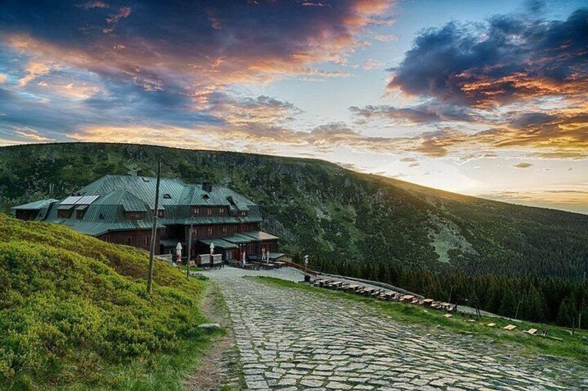 A mountain lodge with a stone path leading to it, surrounded by lush greenery and a forested hillside. 4