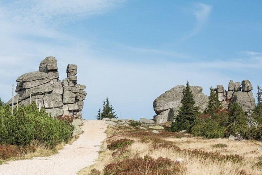 A gravel path leading to rock formations surrounded by shrubs and trees. 5