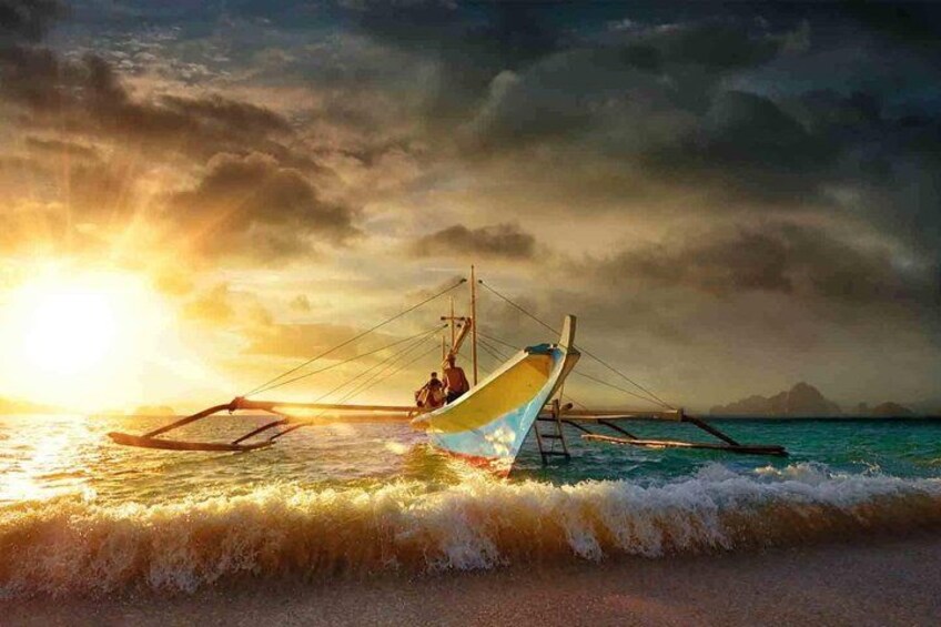 A traditional boat on calm waters with a sunset in the background. 3