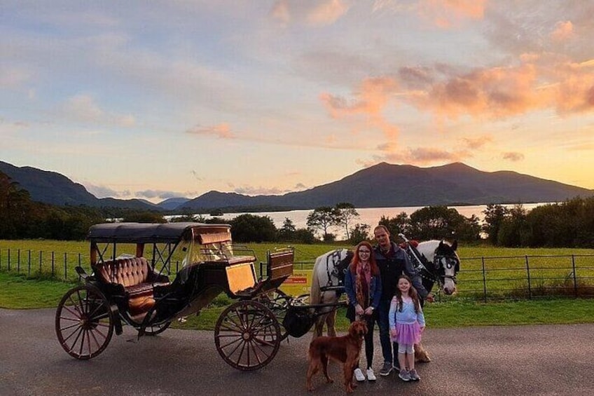 Eine Familie mit Pferdekutsche, Hund und einer malerischen Landschaft mit Bergen und einem See. 3
