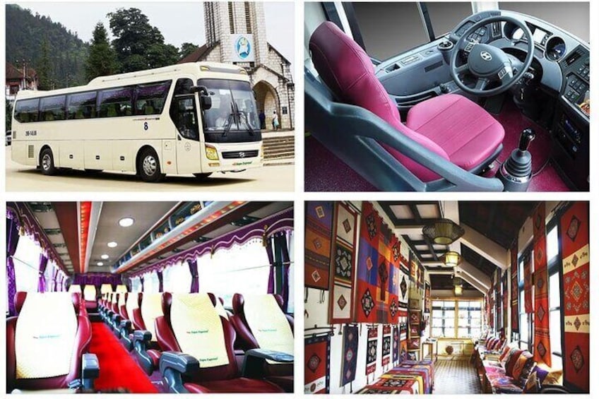 A bus interior with red seats and a steering wheel. 5