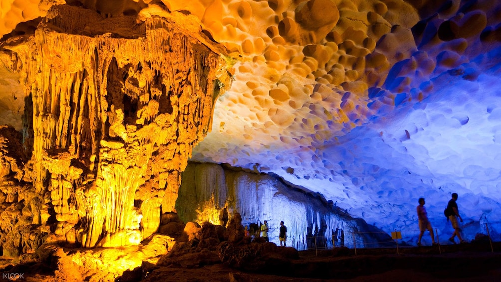 Una grotta con stalattiti illuminate e un'ampia apertura. 1