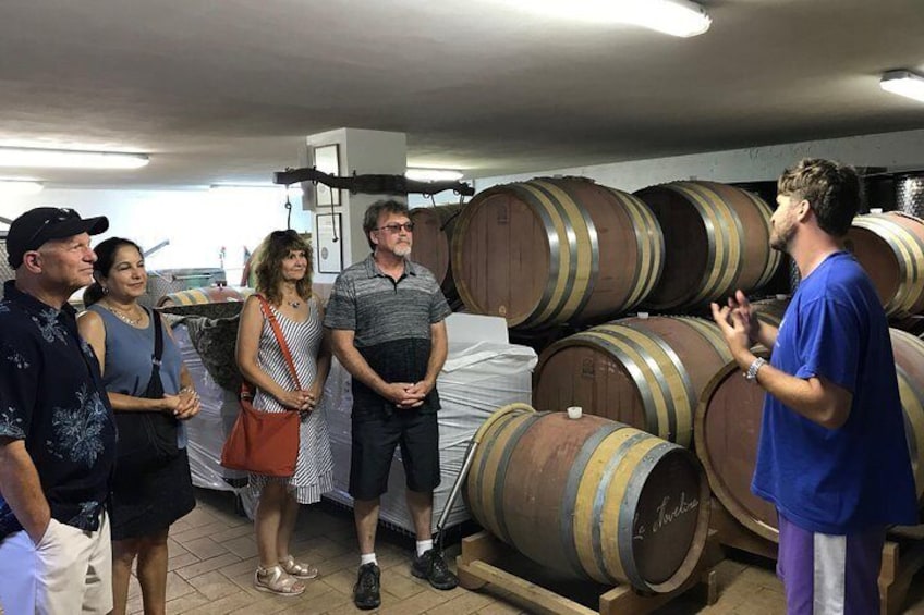 Un grupo de personas en un sótano con barriles de madera grandes. 1