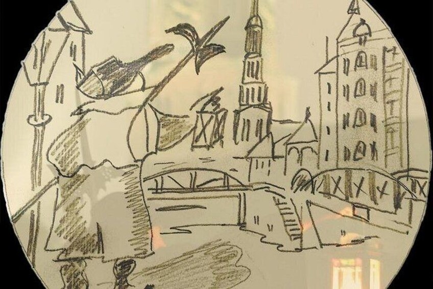 A hand-drawn sketch of a cityscape with a prominent church tower, a bridge, and buildings. 2
