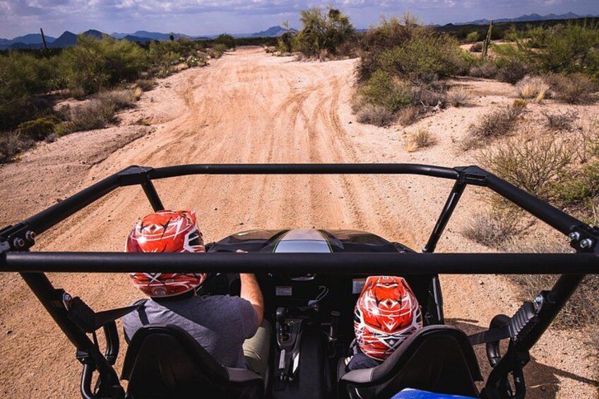 A desert landscape with a dirt road, two people in a vehicle wearing helmets, and a mountainous background. 5