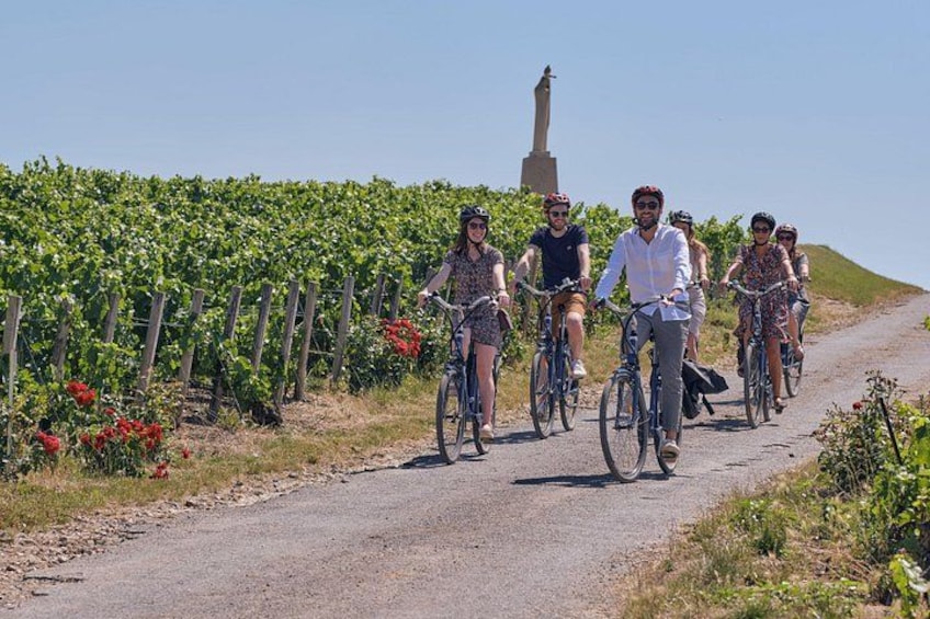 Un groupe de personnes fait du vélo sur une route de campagne, avec des vignobles d’un côté et un monument visible au loin. 4