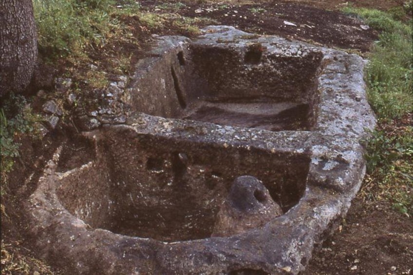 Un sitio de excavación arqueológica con estructuras escalonadas y una zanja central. 1