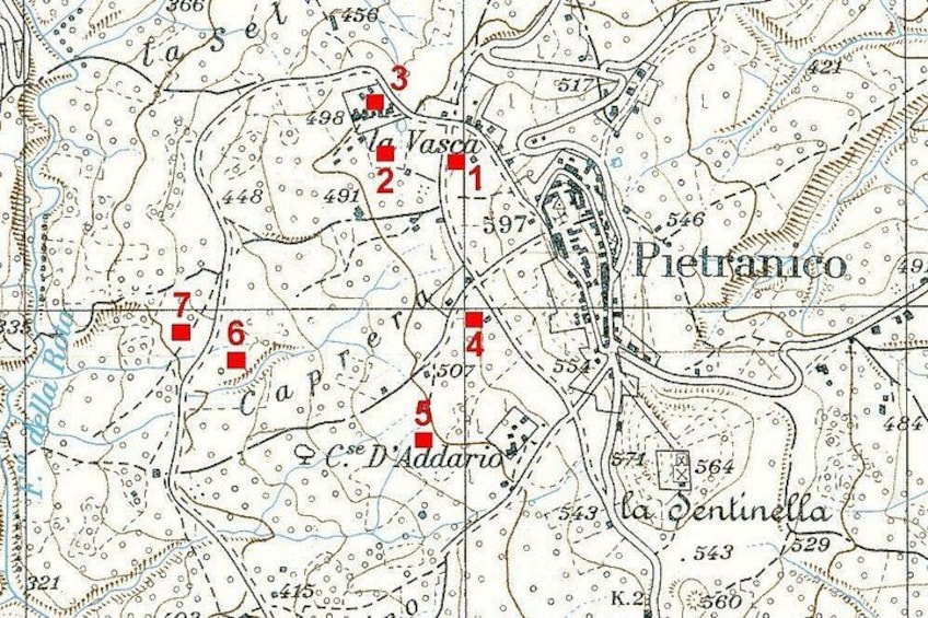 Un mapa detallado con ubicaciones señaladas como Pietranico, Vasciano y La Dentinella. 2