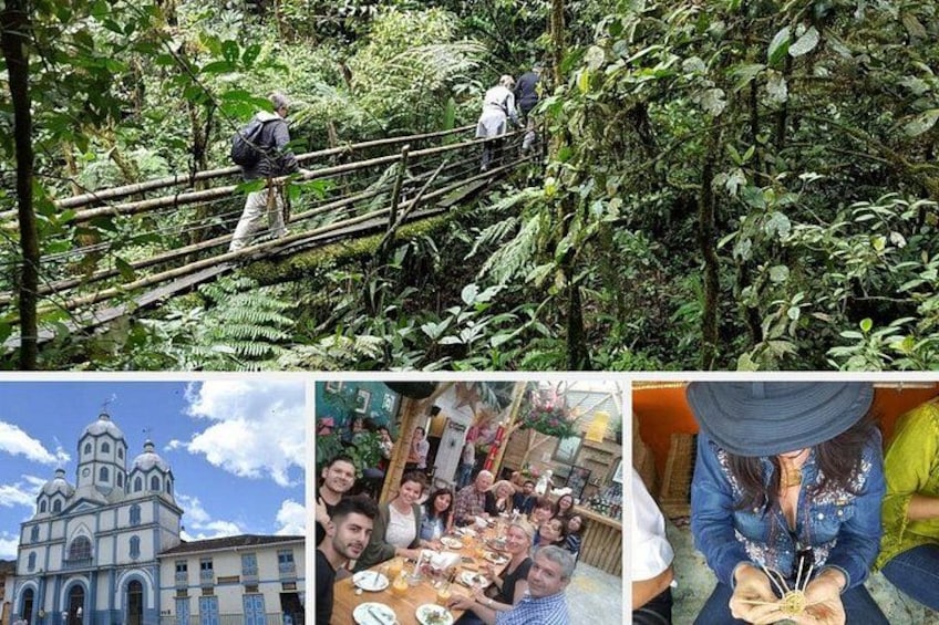 A person walking on a bamboo bridge in a forest, a historic church, a group dining, and a person playing a stringed instrument. 4