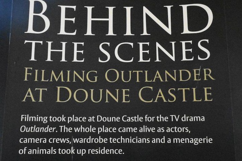 A book cover titled 'BEHIND THE SCENES FILMING OUTLANDER AT DOUNE CASTLE' with text describing the filming location. 4