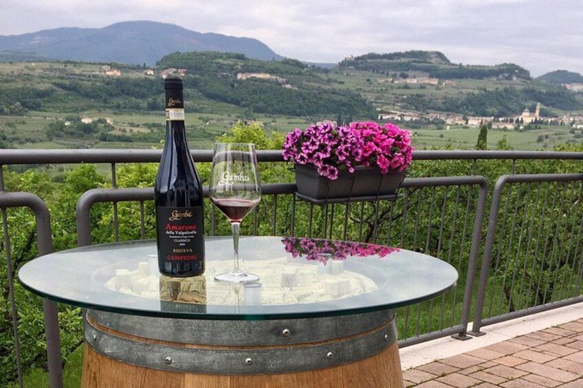A bottle of wine, a glass, and a flower pot on a table with a scenic view in the background. 1