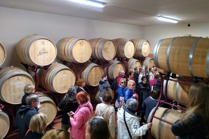 A group of people inside a wine cellar surrounded by wooden barrels. 4