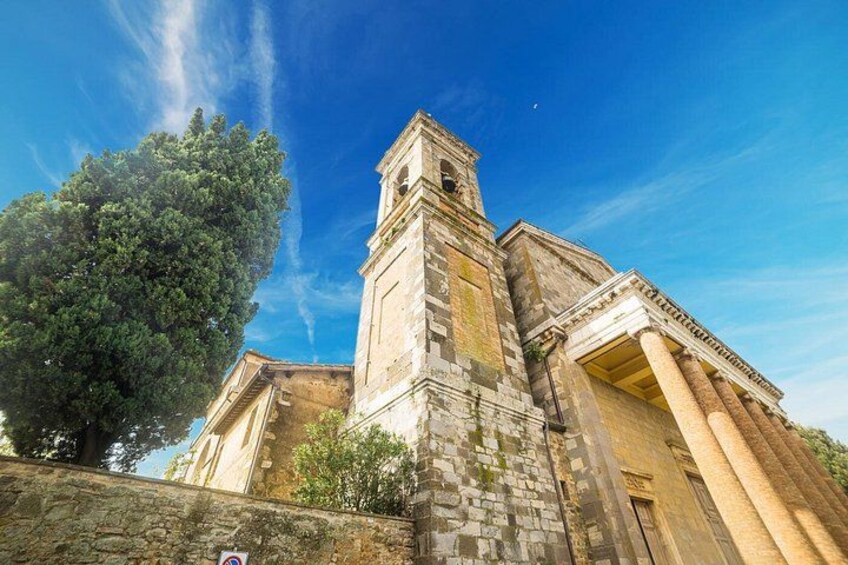 Un edificio histórico de piedra con una torre de campanas, columnas y un gran árbol en primer plano. 5