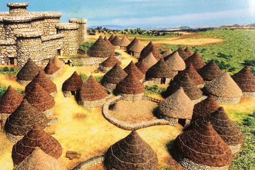 A stone castle, thatched-roof huts, and a green landscape. 3