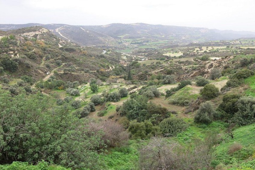 A hilly landscape with dense vegetation and a winding road. 3