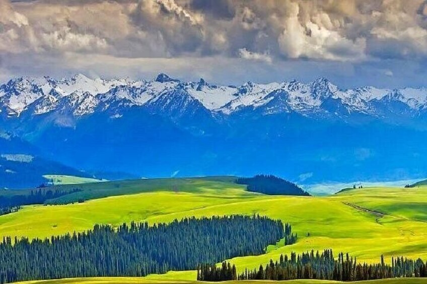 A mountainous landscape with snow-capped peaks, green fields, and dense forests. 2