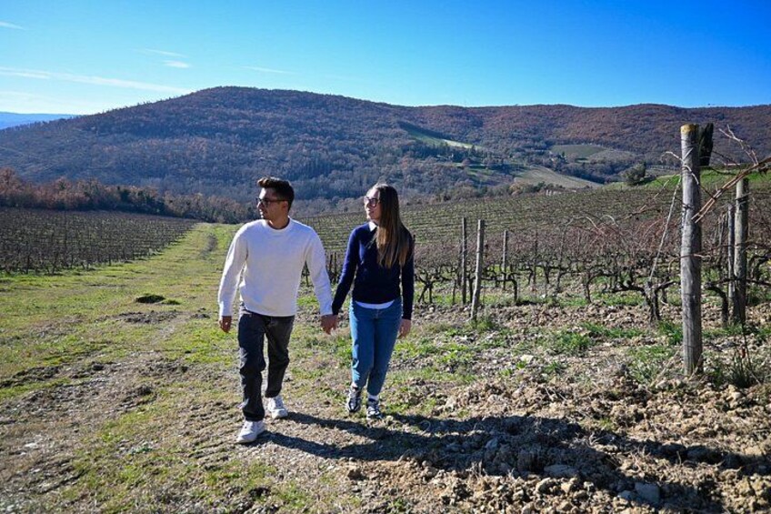 Una coppia passeggia su un sentiero sterrato in un vigneto, con dolci colline sullo sfondo. 2