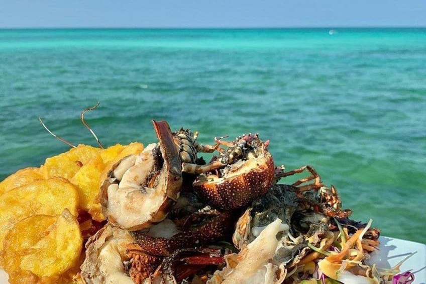 A plate of food with a crab and fried plantains by the sea. 3