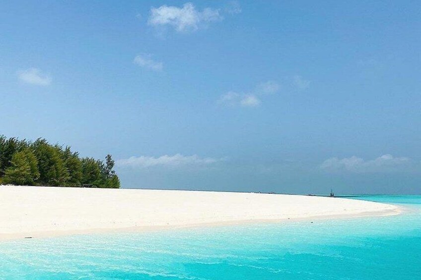 A white sandy beach with turquoise water and a line of trees in the distance. 5