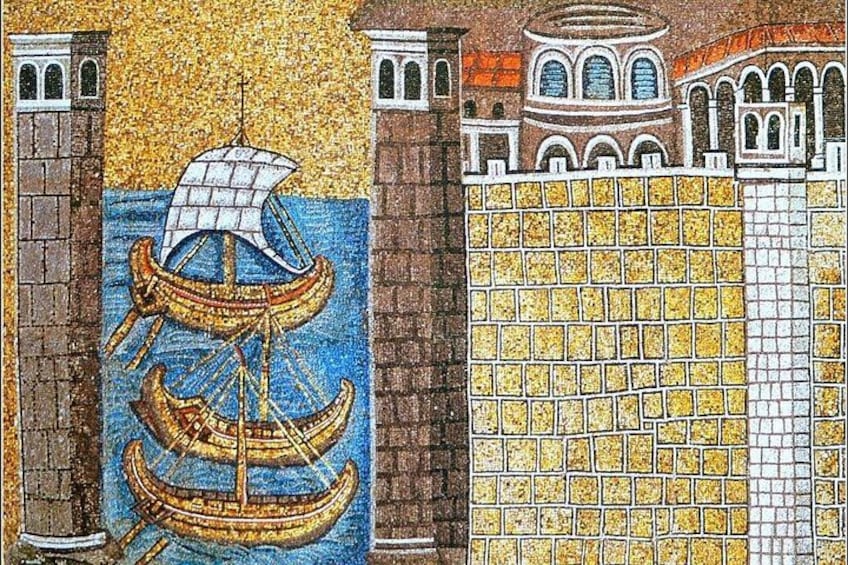 A mosaic with a ship, a wall, and arches. 2