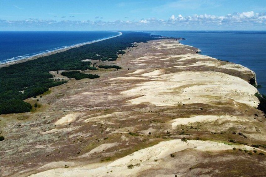 A coastal landscape with a sandy beach, a forested area, and a clear view of the ocean. 4