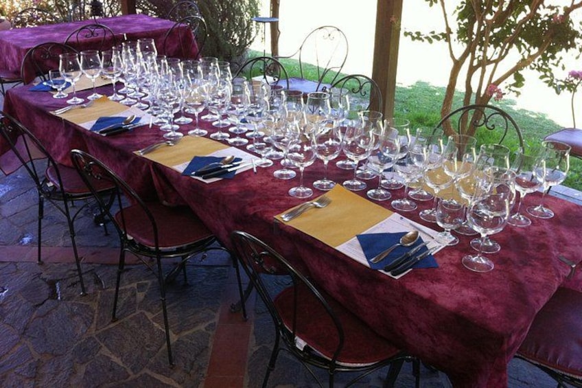 Una mesa dispuesta para una cata de vinos, con varias copas y cubiertos. 4