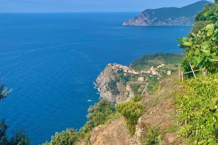 Eine Küstenlandschaft mit einer Klippe, die auf das Meer blickt, einer kleinen Siedlung und üppigem Grün. 4