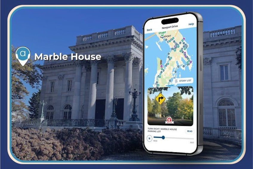 Ein Smartphone zeigt eine Karte mit einem Positionsmarker, der 'Marble House' beschreibt, und eine Ansicht des Gebäudes. 3