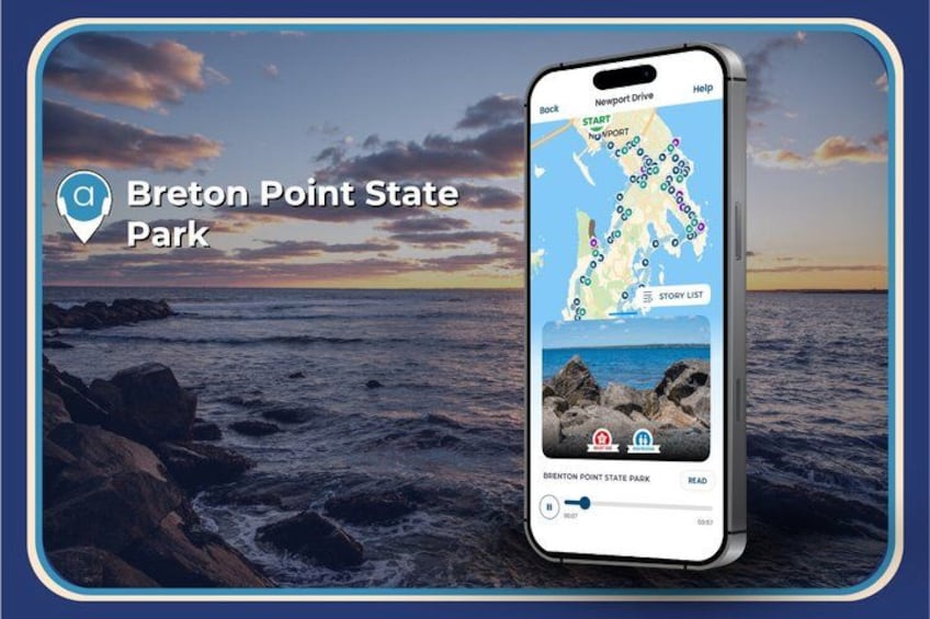 Ein Smartphone zeigt eine Karte des Bretton Point State Park mit einer felsigen Küstenlinie und dem Meer im Hintergrund. 2
