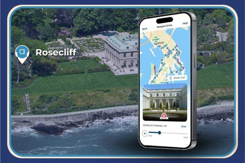 Ein Smartphone zeigt eine Karte mit einem Positionsmarker mit der Bezeichnung 'Rosecliff' und eine Ansicht eines historischen Gebäudes mit großem Rasen und Brunnen. 4