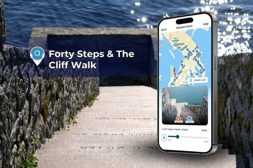 En smartphone som visar en karta över Forty Steps och The Cliff Walk. 2