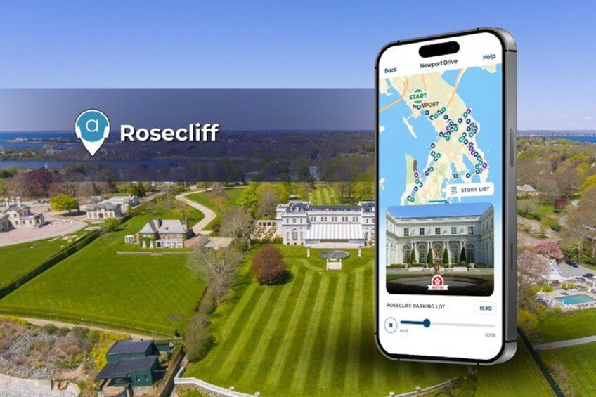 En smartphone som visar en karta med en markering för en plats som är märkt med namnet ”Rosecliff”. 4