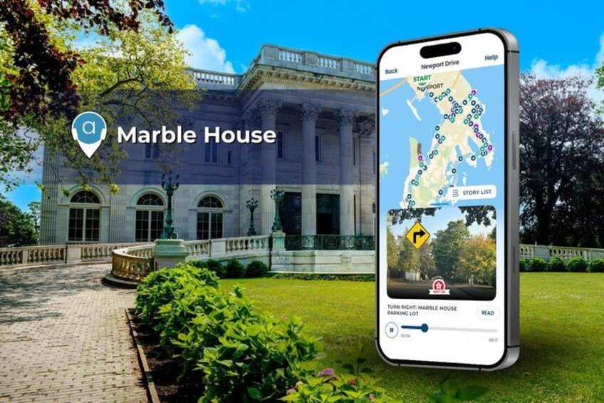 En historisk byggnad som kallas Marble House, en karta på en smartphone och en stig som leder fram till byggnaden. 5