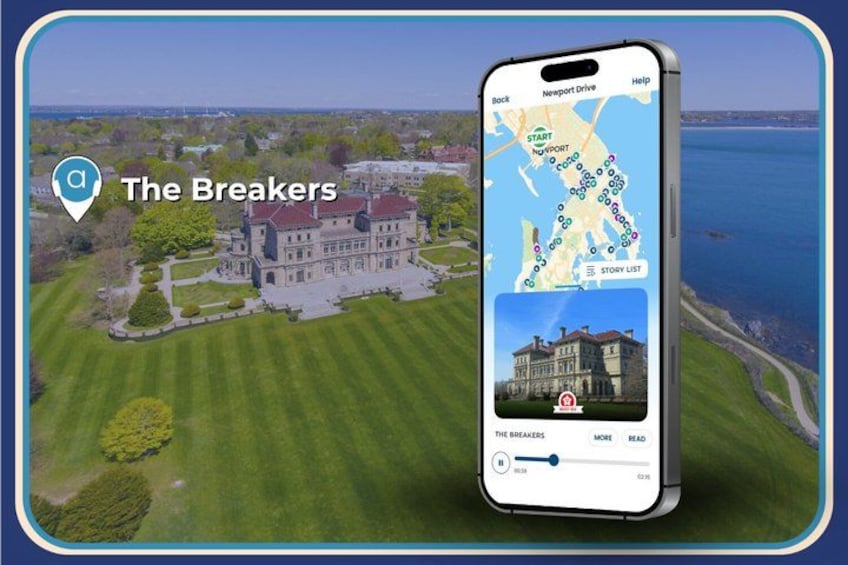 Ein Smartphone zeigt eine Karte mit einem Standortmarker namens 'The Breakers' und eine Ansicht eines großen, historischen Herrenhauses. 5