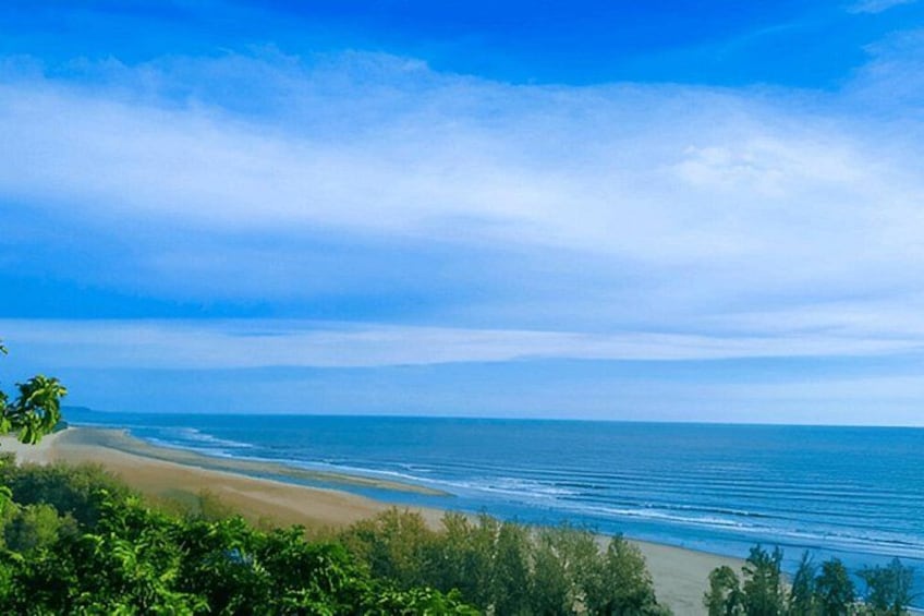 A beach with clear blue water, sandy shore, and green foliage. 5