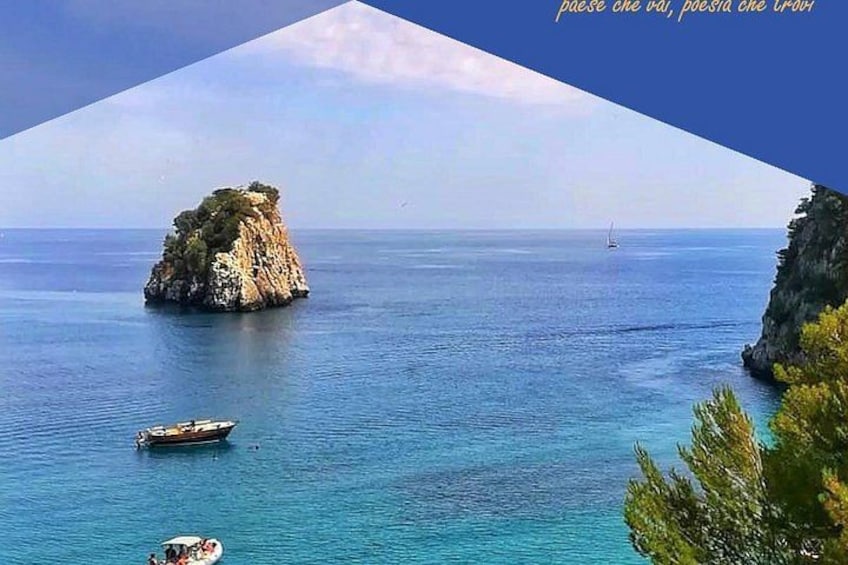A coastal landscape with a rocky island, calm sea, and boats. 2