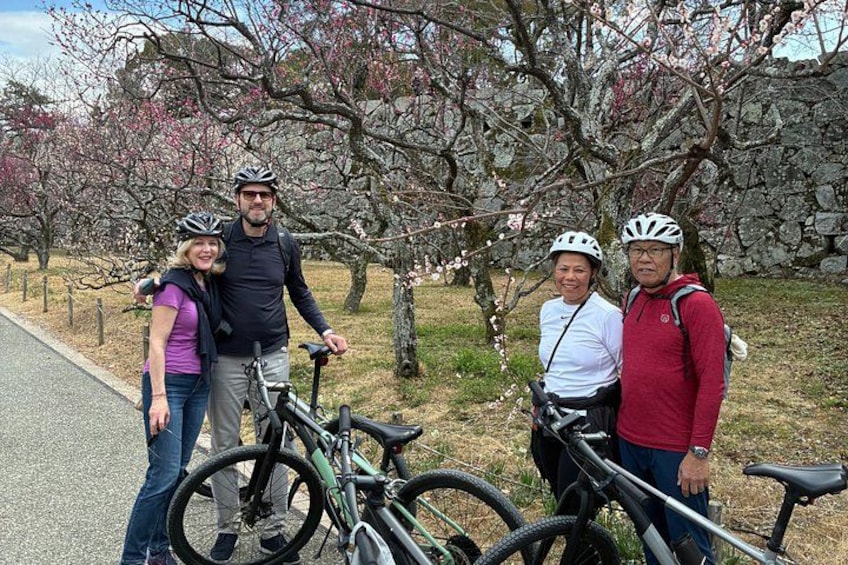 Un grupo de personas con bicicletas en un parque con cerezos en flor y muros de piedra. 1