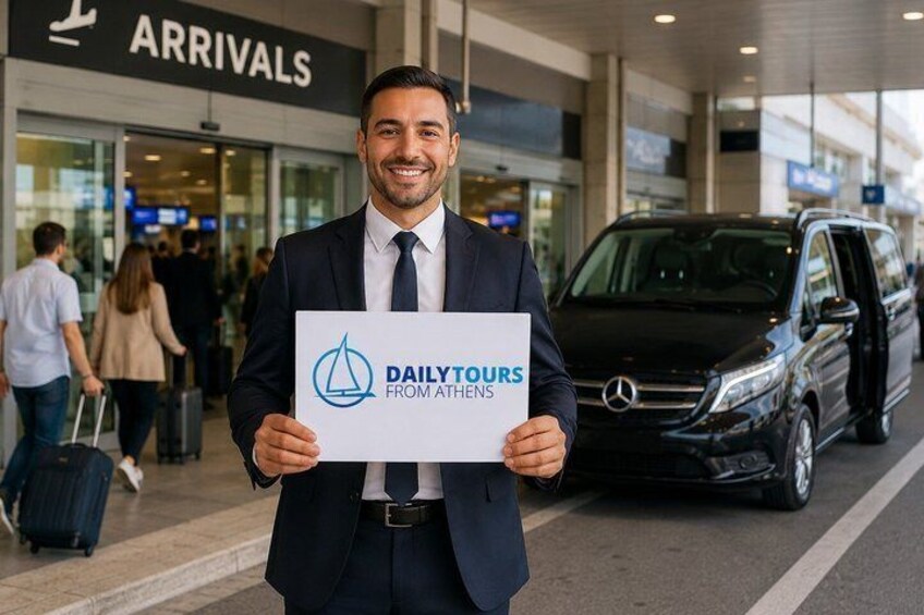 A man holding a sign in an airport, with a Mercedes van parked nearby. 4