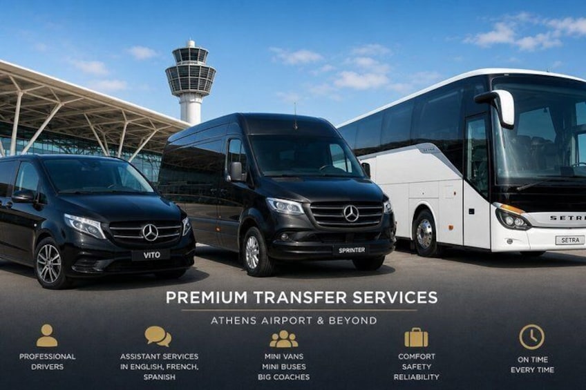Three Mercedes-Benz vehicles and a bus at an airport with a control tower in the background. 1