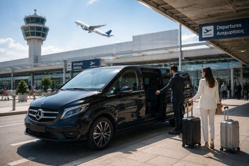 A black Mercedes-Benz SUV parked at an airport terminal with a man and a woman standing beside it, both holding luggage. 3