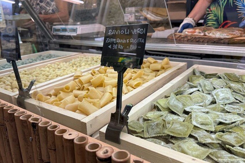 A display of ravioli in a market. 2