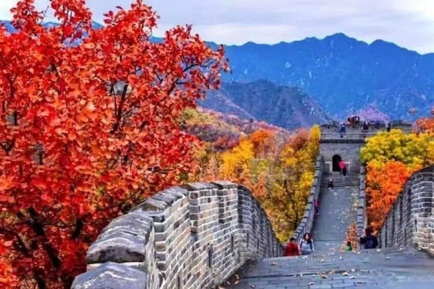 The Great Wall of China with autumn foliage and mountains in the background. 2