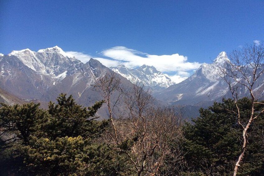 Snow-capped mountains, pine trees, and a clear blue sky. 3