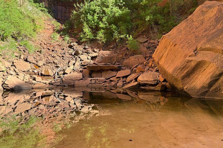 Un ruisseau aux eaux claires, bordé de végétation et entouré d’un grand rocher. 2