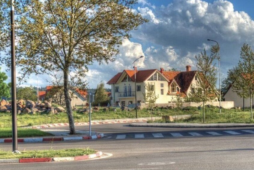 A residential area with a house, trees, and a road. 2