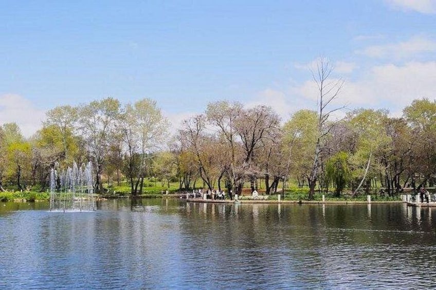 A calm lake with trees and a fountain. 1