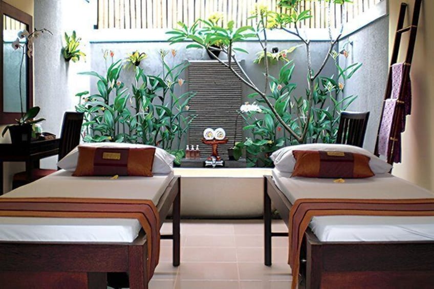 A room with two beds, a small table, and a variety of plants. 3