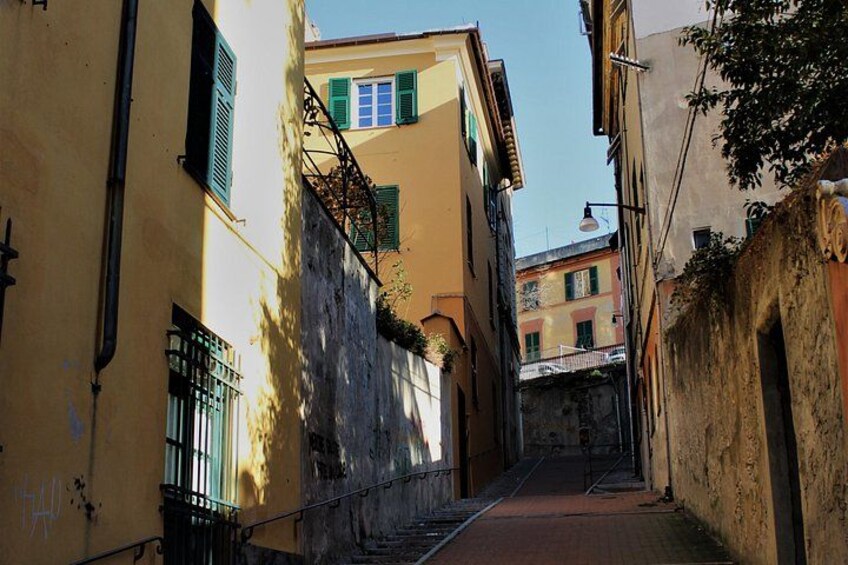 Un estrecho callejón entre edificios, con un sendero rojo, contraventanas verdes y un cielo despejado. 4