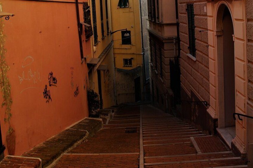 Un estrecho callejón con escalones de ladrillo que conducen a un edificio con una entrada arqueada. 5